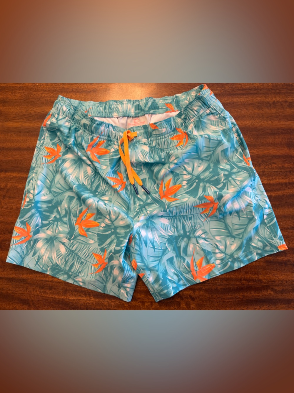 Southern Tide Teal Swim Shorts with Orange Drawstring